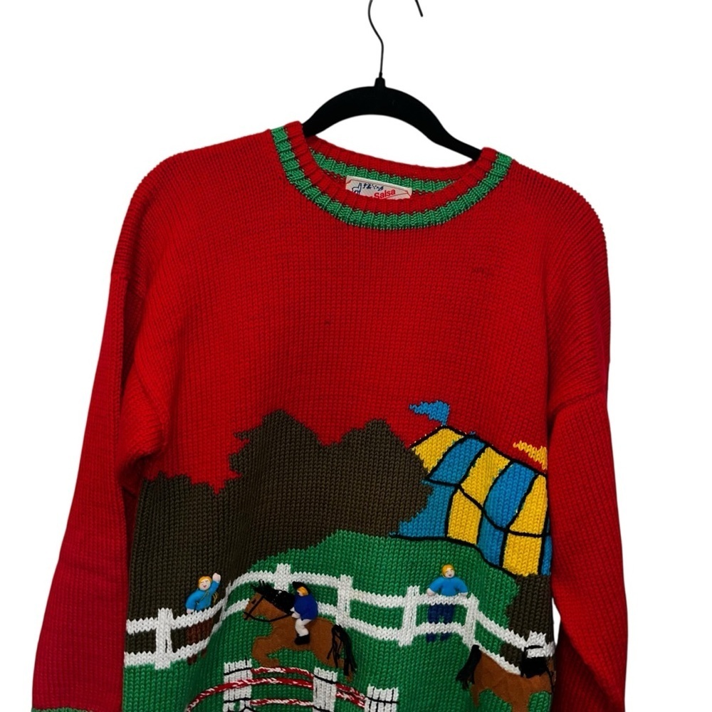 Vintage 100% cotton salsa sweater made in Peru horse jockey 3d large L red retro - Picture 5 of 8